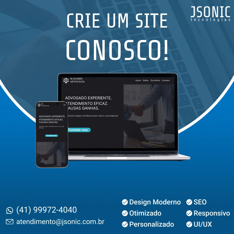 Imagem de propaganda. Mulher com notebook em mãos, listando as vantagens de criar uma site com a JSONIC. Sites rápidos, bonitos e que aparecem nos resultados Google.